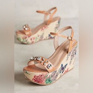 Anthropologie Raphaella Booz Tan Wedge Sandals with Embellishments